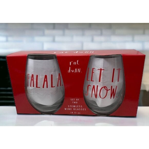 Rae Dunn Christmas Wine Glass Set Festive Holiday LL Barware Red Clear Drinkware - Picture 1 of 10